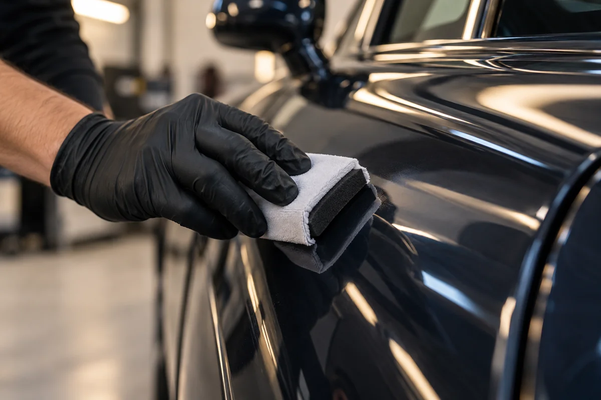 A gloved hand applying a ceramic coating to carefully prepared dark paint