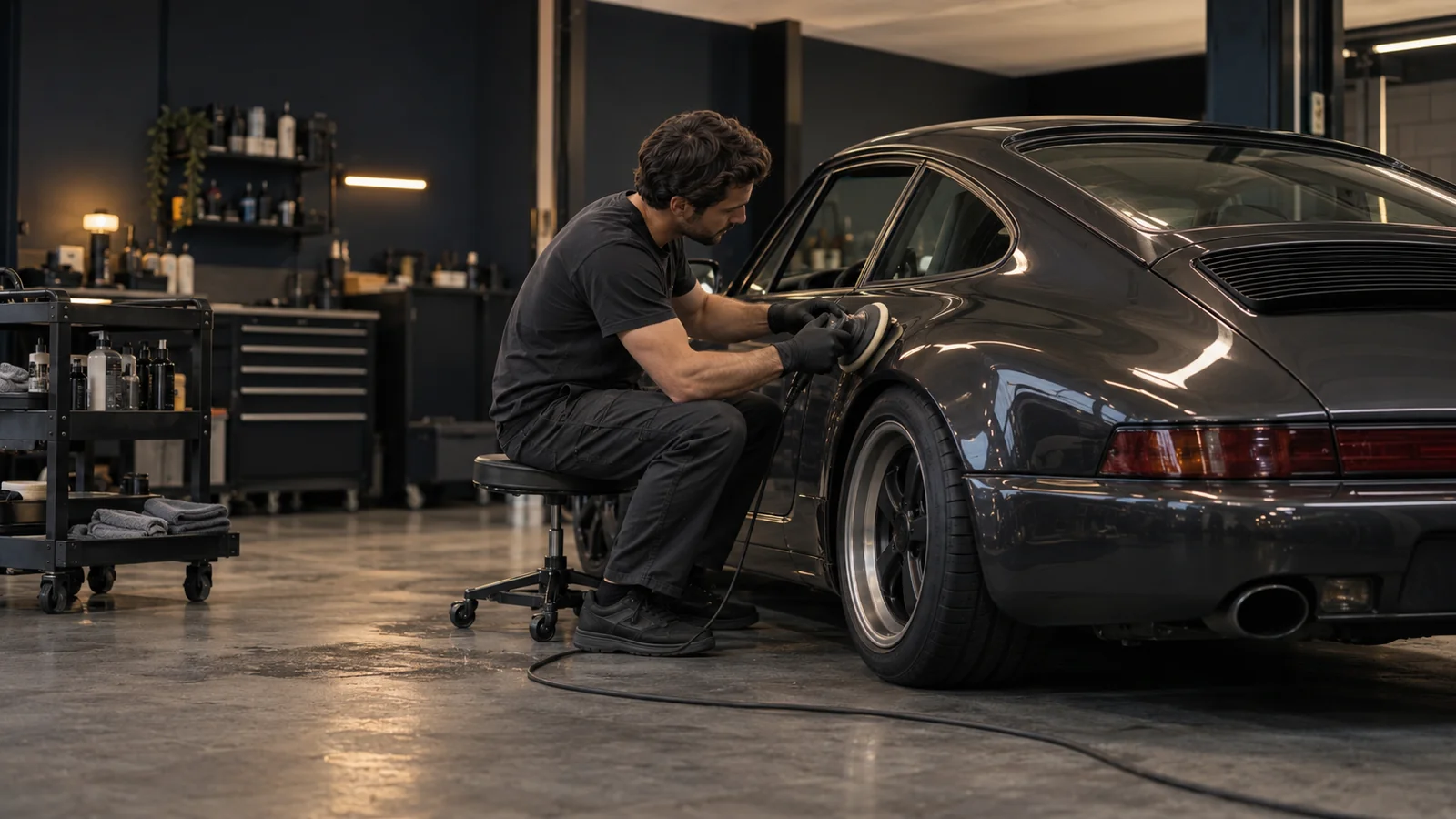 A technician carefully machine-polishing a dark sports coupe in a detailing bay