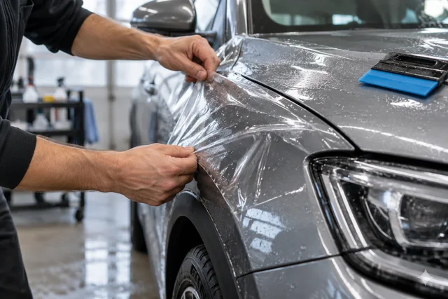 Illustrative scene of paint protection film being fitted to a vehicle